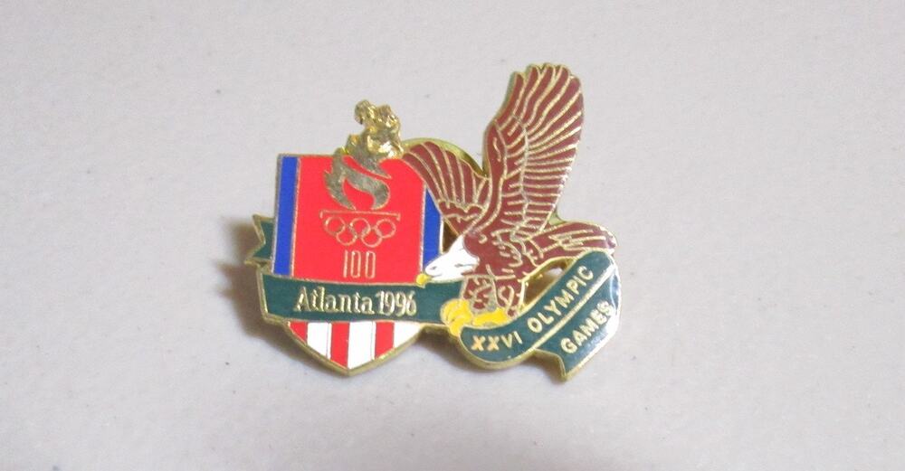 Atlanta 1996 Olympic Games Brass Enamel Lapel Pin Torch Flame, Eagle & Rings